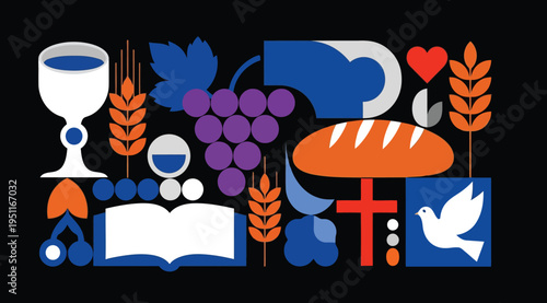 Eucharist symbols including bread, wine, grapes, wheat, and dove on black background