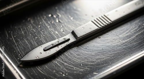 Sharp Surgical Scalpel on a Stainless Steel Tray with Water Droplets