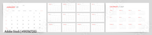 2027 Calendar template design. Week starts on Sunday office calendar 2027. Desktop planner in simple clean style. Corporate or business calendar. English vector calendar layout.	