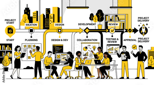 Business Team Collaboration and Workflow Management Flat Vector Black Yellow White