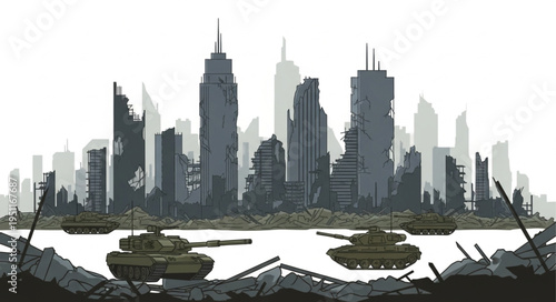 City Skyline with Destroyed Buildings.