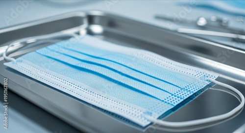 Surgical Face Mask on a Stainless Steel Tray for Medical Use