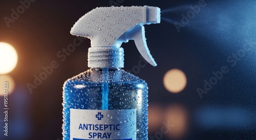 Antiseptic Spray Bottle Close-Up with Water Drops and Fogged Spray