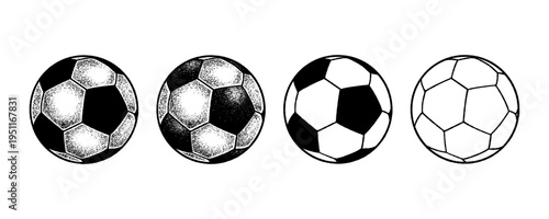 Vector Set of Four Soccer Balls with Different Textures from Pointillism to Smooth Shading.