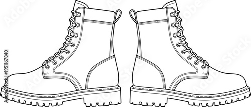 Pair of rugged lace up leather boots outline vector illustration, classic work boots line art, durable footwear design isolated for fashion, hiking and workwear branding