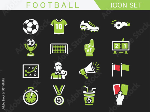 A modern set of football themed icons featuring balls jerseys tactics boards referee tools and fan elements designed with simple shapes and limited colors for easy vector use