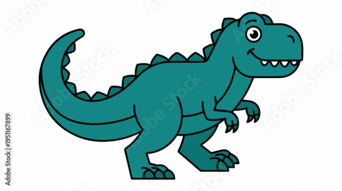A cute cartoon illustration of a green Tyrannosaurus Rex dinosaur smiling and standing on a white background.
