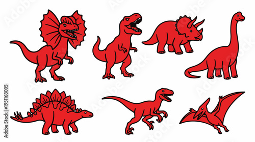 Collection of seven different red dinosaur silhouettes on a white background, representing various prehistoric creatures.