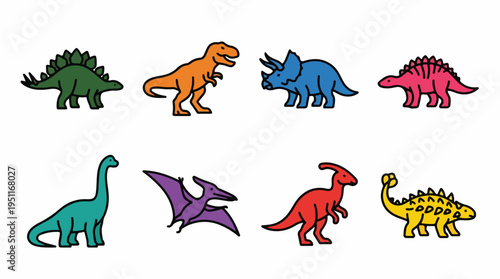 Collection of colorful cartoon dinosaurs in various poses and species, isolated on a white background.