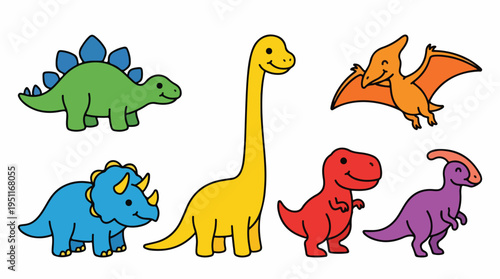 A collection of cute, colorful cartoon dinosaurs including a Stegosaurus, Brachiosaurus, Pterodactyl, Triceratops, Tyrannosaurus Rex, and Parasaurolophus.