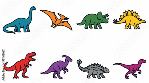 Collection of colorful cartoon dinosaurs and prehistoric creatures in a simple illustration style.
