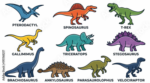 A collection of colorful cartoon dinosaurs, including Pterodactyl, Spinosaurus, T-Rex, Gallimimus, Triceratops, Stegosaurus, Brachiosaurus, Ankylosaurus, Parasaurolophus, and Velociraptor.
