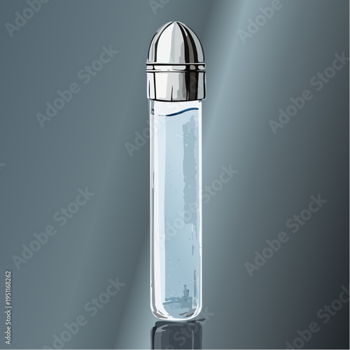 A tall, slim cylindrical glass vial filled with a crystal-clear