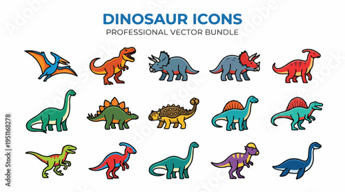 Collection of colorful dinosaur icons, representing various prehistoric creatures in a professional vector bundle.