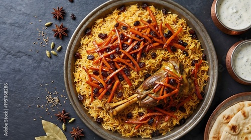 Top View of Afghan Kabuli Pulao, Traditional Lamb and Spiced Rice with Carrots and Raisins, Served with Naan Bread and Yogurt Dipping Sauce, Authentic Middle Eastern Culinary Background