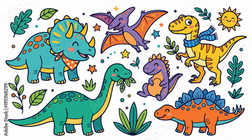 A collection of cute cartoon dinosaurs and prehistoric plants, perfect for children's illustrations and designs.