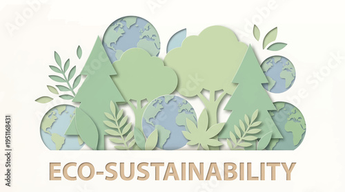 Detailed papercut style illustration emphasizing global ecological sustainability and environmental conservation with layered earth, trees, and foliage