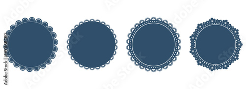 Navy blue lace doily frames set. Four round napkins with scalloped borders, dotted trim, floral edges. Paper coaster patterns. Vintage invitation, wedding card, tea party mat, cake decoration. Vector