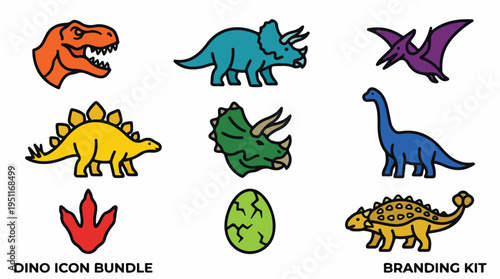 Collection of colorful cartoon dinosaur icons and symbols for branding and design.