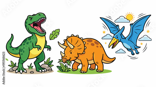 Cute cartoon dinosaurs including a T-Rex, Triceratops, and Pterodactyl flying in the sky.