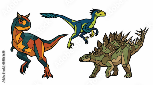 Three stylized cartoon dinosaurs, a Carnotaurus, a Velociraptor, and a Stegosaurus, depicted in a geometric, low-poly art style.