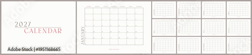 2027 Calendar template design. Week starts on Sunday office calendar. Elegant monthly planner in simple clean style. English vector calendar layout.
