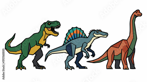 Three distinct cartoon dinosaurs standing side by side, showcasing different species from the prehistoric era.