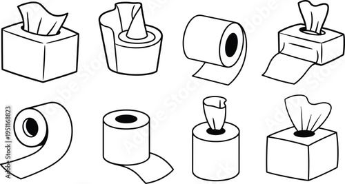 Black and white line art icons of various toilet paper and tissue boxes Keywords: toilet paper, tissue box, paper roll, bathroom