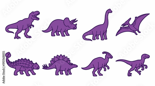 A collection of eight purple dinosaur illustrations, including a Tyrannosaurus Rex, Triceratops, and Brachiosaurus.