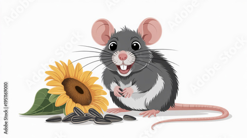 Cute cartoon mouse with sunflower and seeds happy rodent character illustration for childrens books and nature themes isolated on white