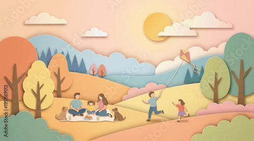 Whimsical papercut illustration of a happy family enjoying a delightful autumn picnic in a vibrant park, with children playing and flying a kite under a warm sun