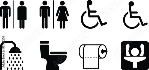 Black icons for restroom facilities including men, women, disabled, shower, toilet, and paper Keywords: restroom icons, toilet