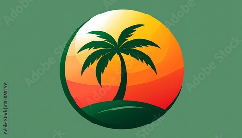 Tropical Palm Tree Sunset Badge Logo for Vacation and Travel Illustration Featuring an Exotic Island Silhouette and Warm Summer Colors