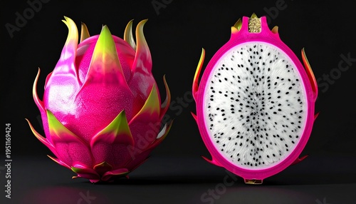 Fresh exotic dragon fruit and a half pitaya slice with white pulp and black seeds isolated on a dark black background for food design
