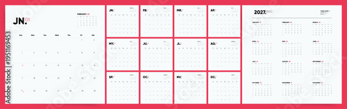 2027 Calendar square template design. Week starts on Sunday Square calendar 2027 for business. Desktop planner in simple clean style. Corporate or office calendar. English vector calendar layout.	