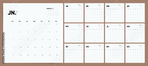 2027 Calendar Template Minimal Layout, 2027 Calendar Simple Wall Planner with Square Monthly Pages Templates. Sunday Start.