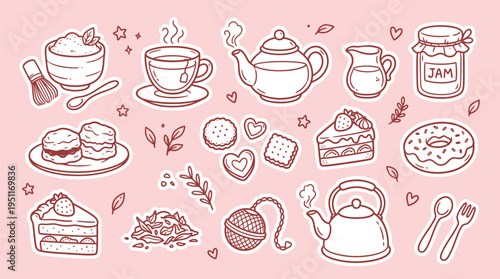 Hand-drawn doodle stickers of a delightful afternoon tea set with various pastries, hot beverages, and sweet treats on a pink background.