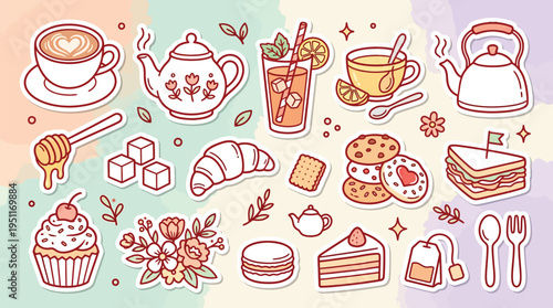 A collection of cute pastel-colored sticker illustrations featuring various tea time and coffee items, including cups, teapots, pastries, desserts, and snacks on a soft background.