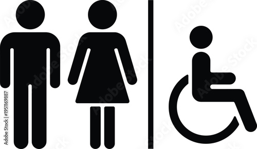 Black male female and disabled restroom signs on white background Keywords: restroom sign, toilet sign, bathroom sign, men's