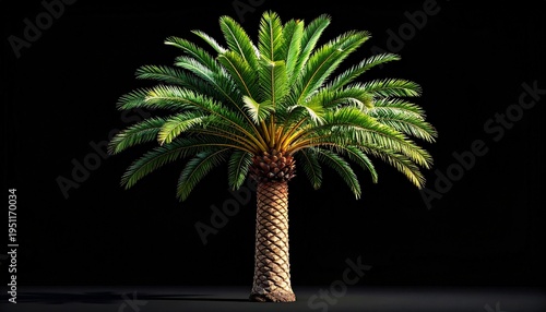 Lush green tropical palm tree with vibrant fronds and textured trunk isolated on black background for exotic nature and botanical designs