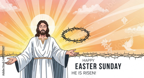 Jesus christ with outstretched arms and crown of thorns against vibrant easter sunday sunrise background with radiant halo