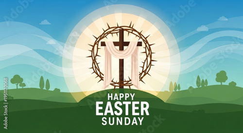 Easter sunday celebration with cross and crown of thorns on green hill landscape with sunny sky