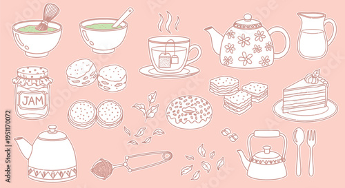 A collection of hand-drawn line art illustrations depicting various tea time elements, desserts, and breakfast items on a soft pink background.