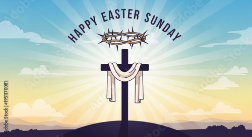 Easter sunday cross with crown of thorns and white cloth on a hill at sunrise or sunset with blue sky and clouds