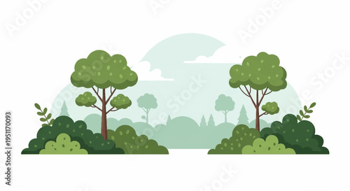 Whimsical illustration of lush green trees and bushes in a serene natural landscape with a soft green background and sunny atmosphere