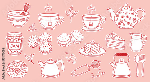 A collection of hand-drawn line art illustrations featuring various tea time essentials and sweet treats on a pink background, perfect for a cozy afternoon.