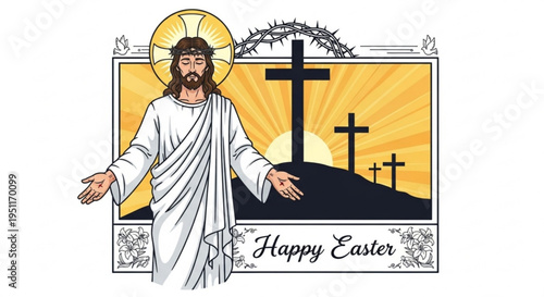 Jesus christ standing in front of easter crosses with a golden halo and white robe on a sunny hill
