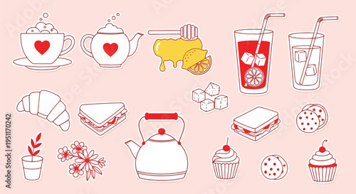 A collection of outlined illustrations featuring various tea party and cafe items like drinks, pastries, sandwiches, and sweets with red accents on a pink background.