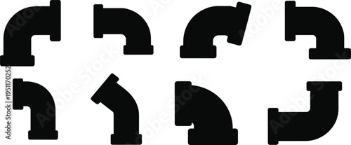 Plumbing pipe elbow silhouettes set, various water pipe connector fittings for plumbing system, industrial pipeline vector icons isolated