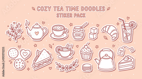 A collection of cozy tea time doodle stickers featuring teapots, cups, pastries, and snacks in a charming line art style on a pink background.